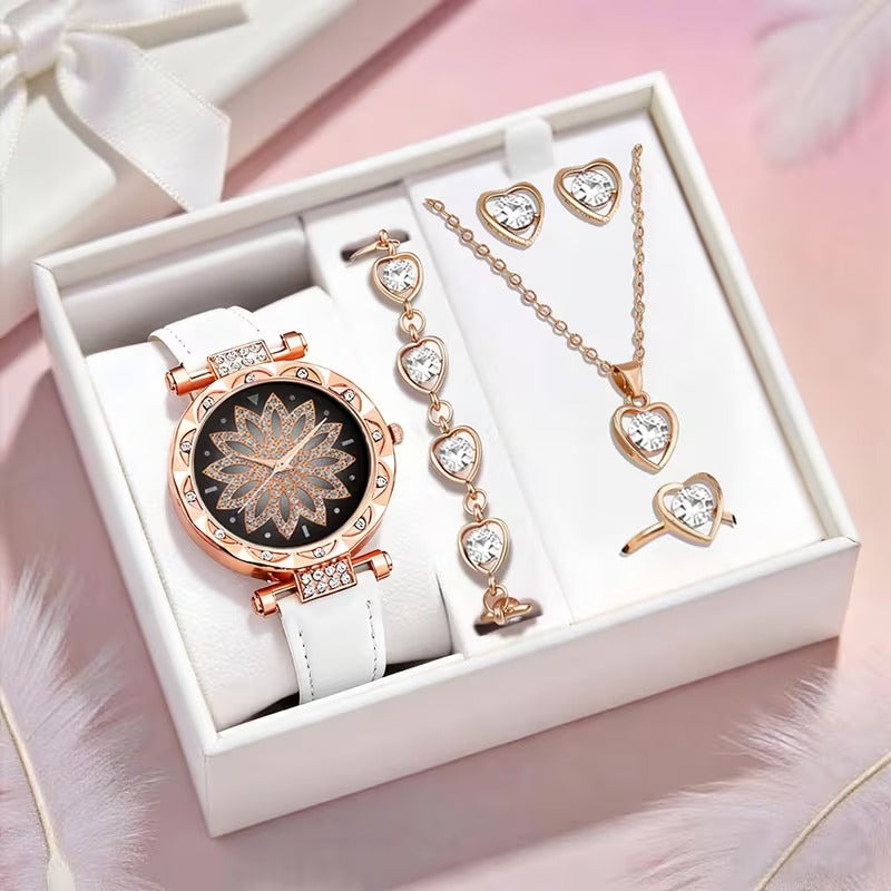 6pcs Bohemian Rose Golden-Tone Quartz Watch & Jewelry Set