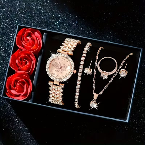 Elegant Women'S 6pcs Jewelry and Watch Set in Black Gift Box