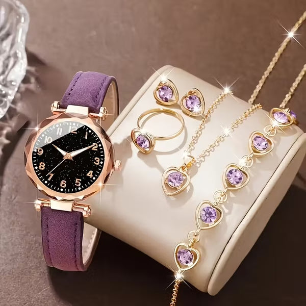 6pcs Women's Fashion Minimalist Digital Dial Quartz Watch and Heart-Shaped Jewelry Set,